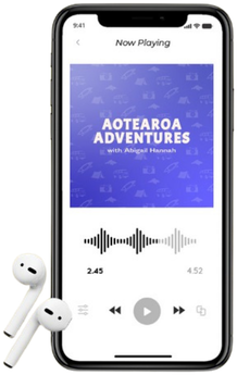 The Aotearoa Adventures podcast playing on a phone